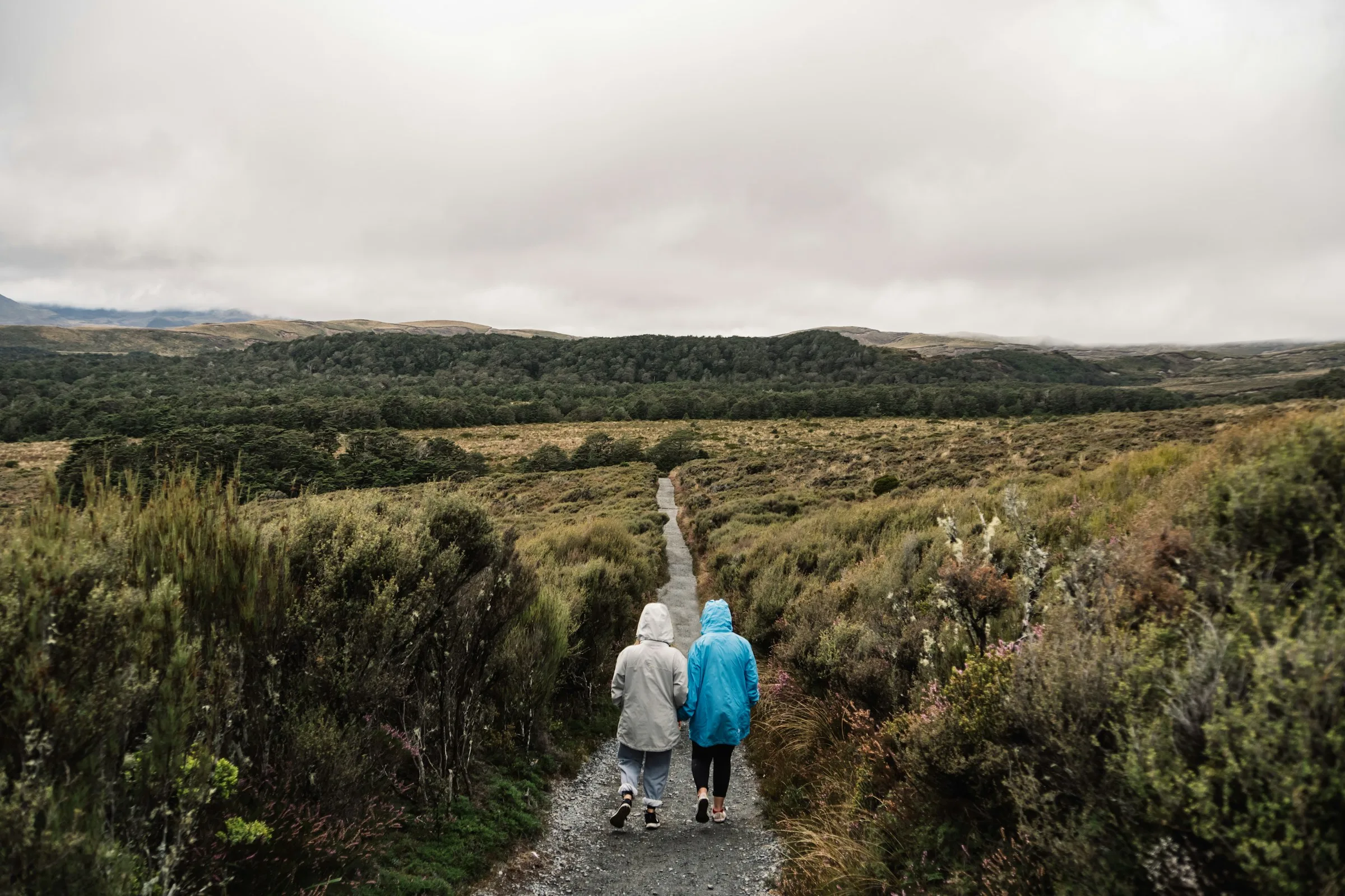 Two people walking together along a remote track